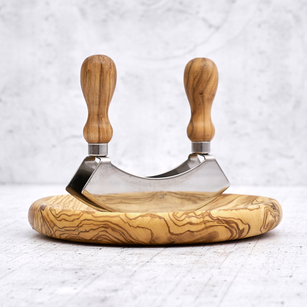 Olive wood and steel vegetable chopper set