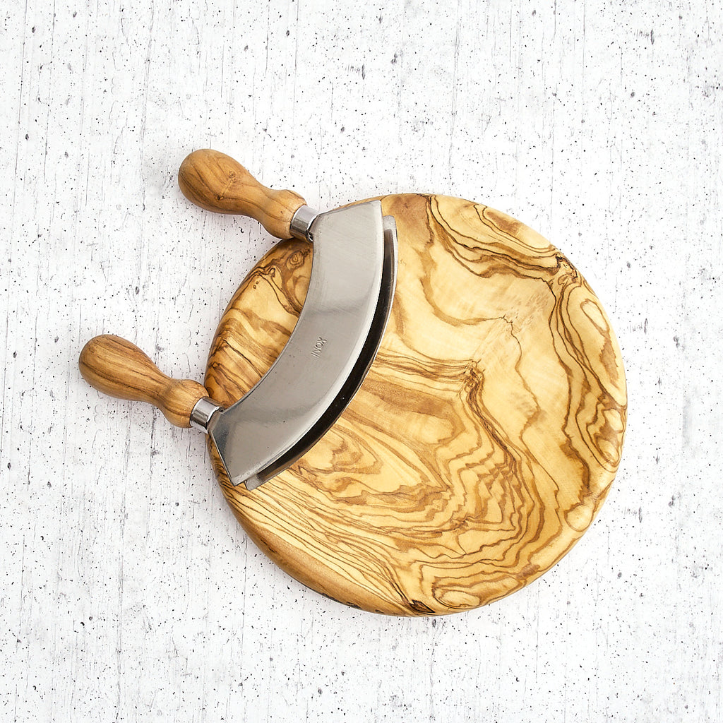 Olive wood and steel vegetable chopper set