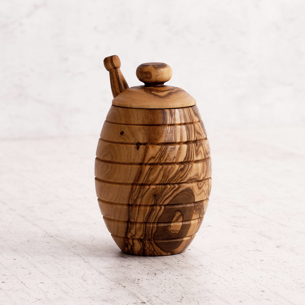 Olive wood honey pot