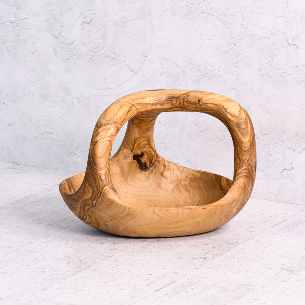 Olive wood basket with handle