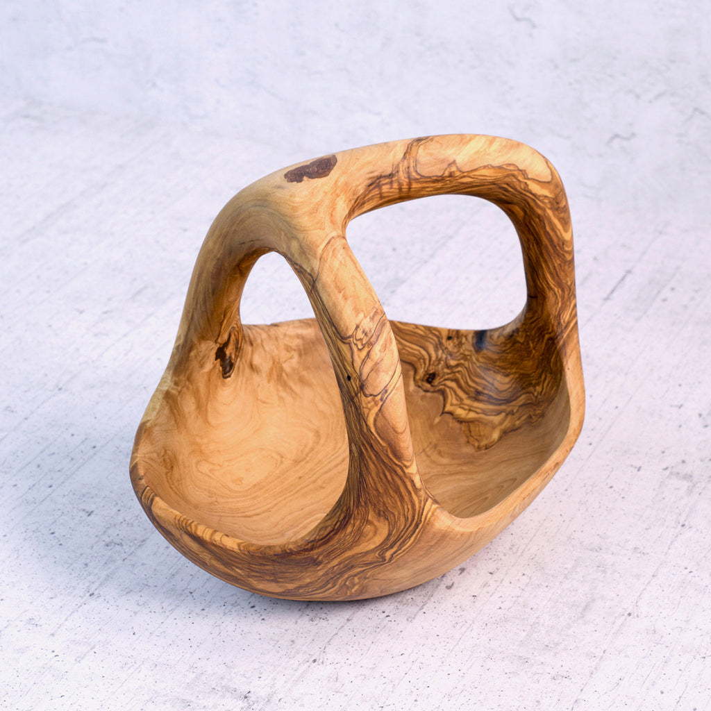 Olive wood basket with handle