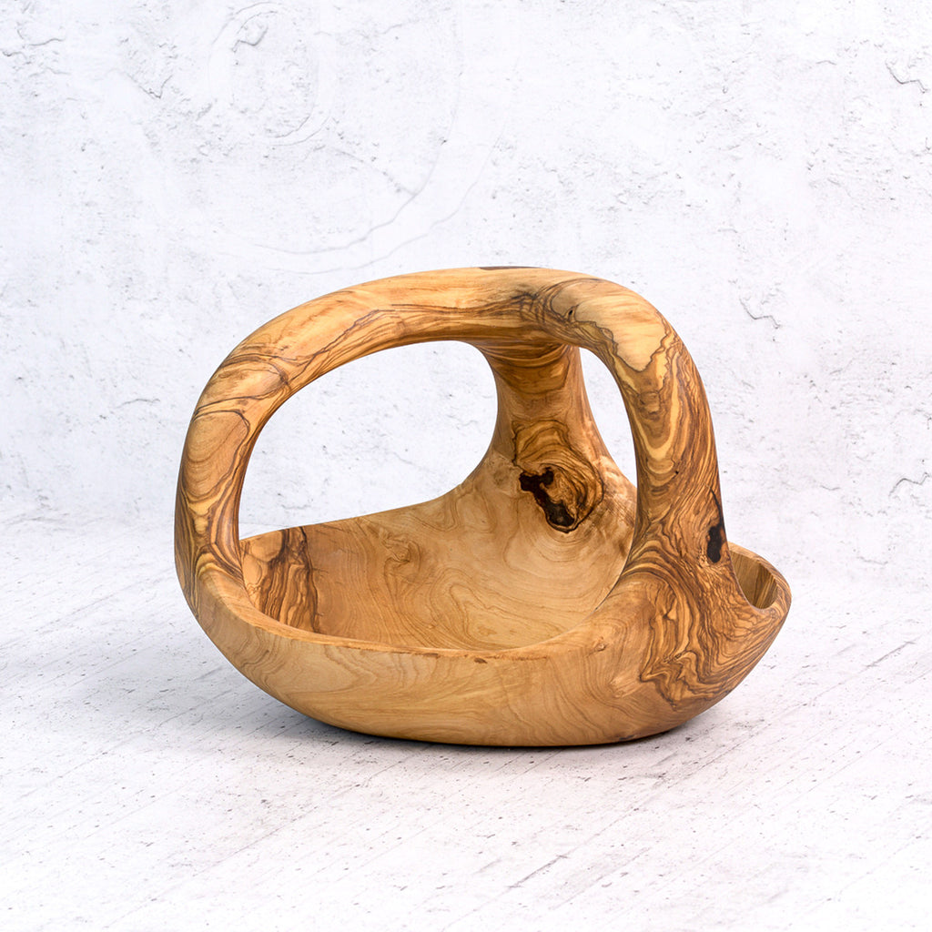 Olive wood basket with handle