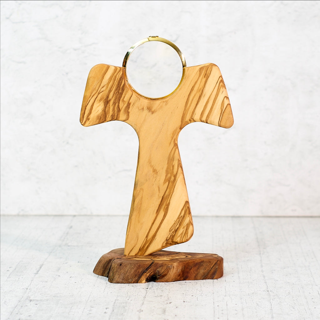 Gold-plated metal Tau Ostensorium of Saint Francis with olive wood