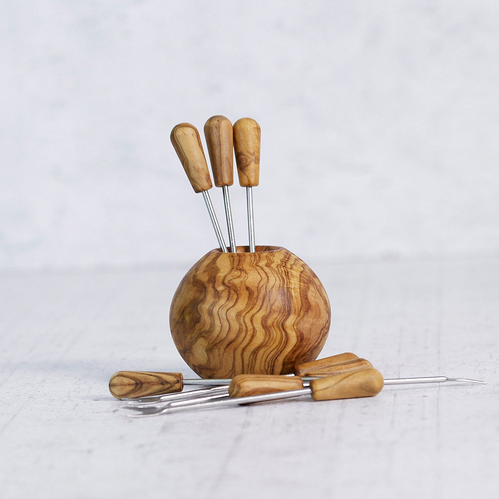 Appetizer Fork Holder Ball with 8 Forks in Olive Wood
