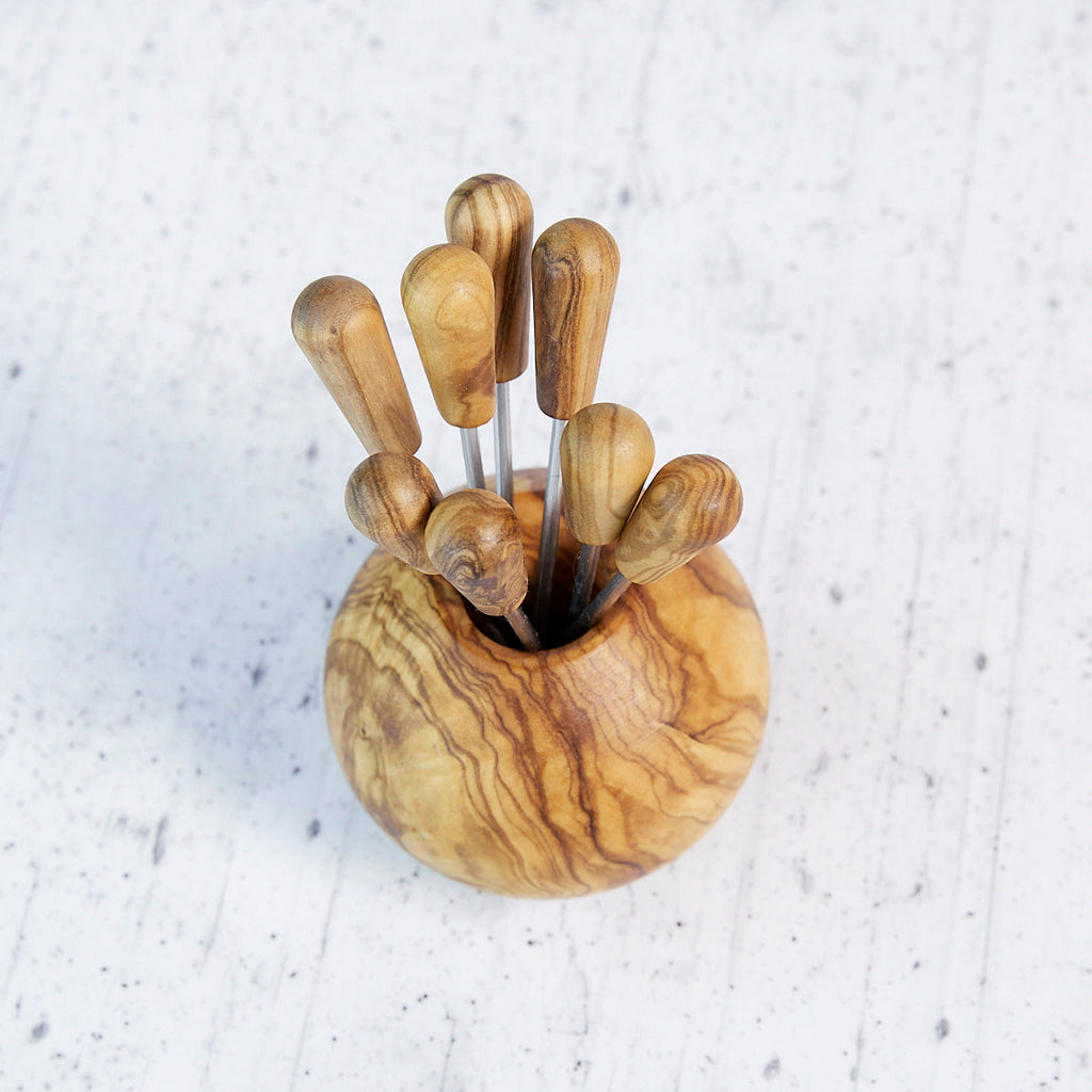 Appetizer Fork Holder Ball with 8 Forks in Olive Wood