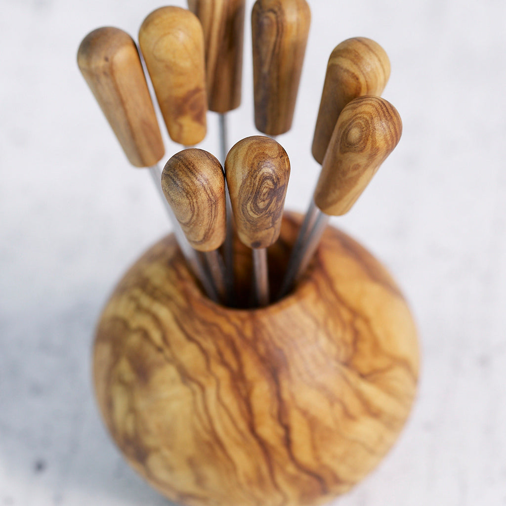 Appetizer Fork Holder Ball with 8 Forks in Olive Wood