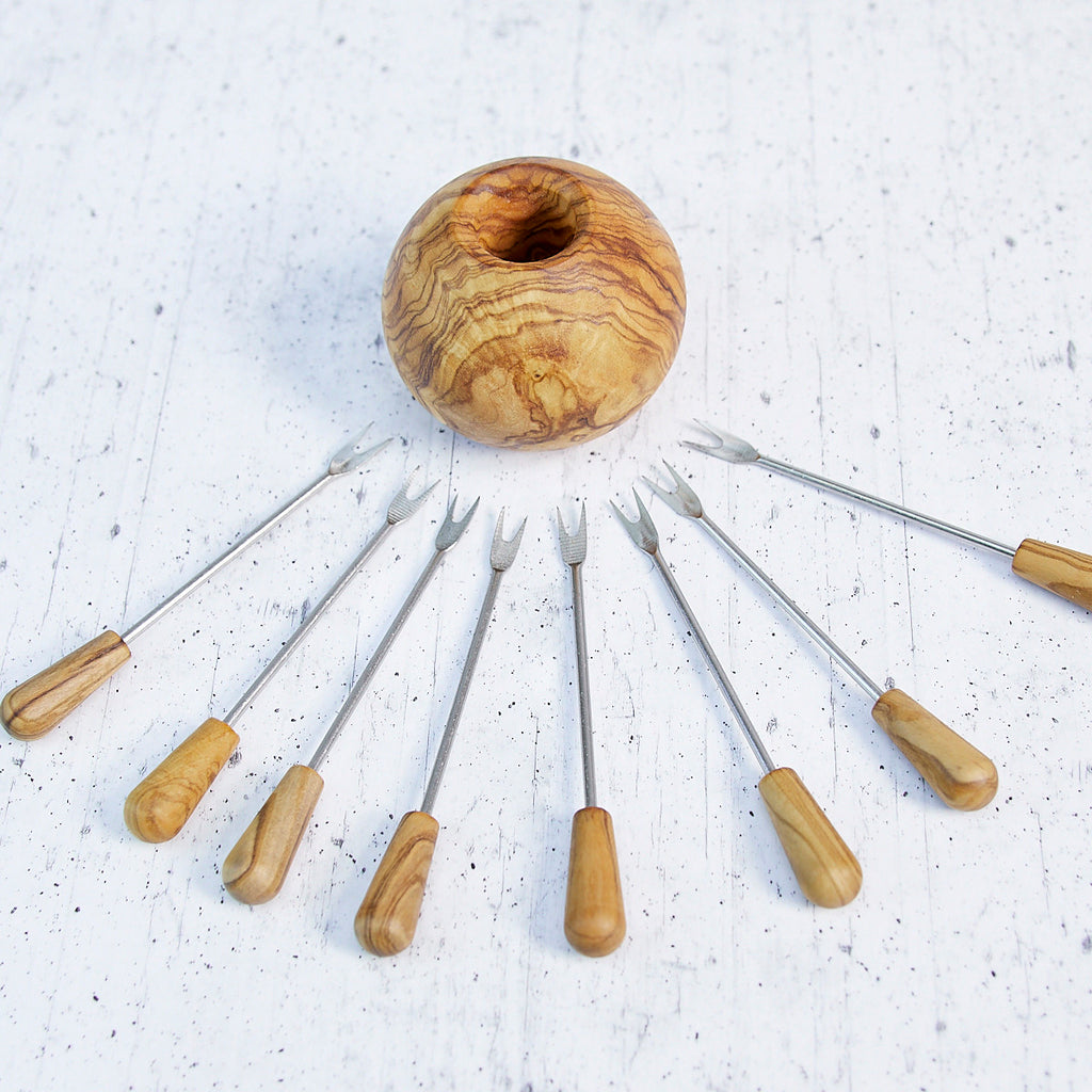Appetizer Fork Holder Ball with 8 Forks in Olive Wood