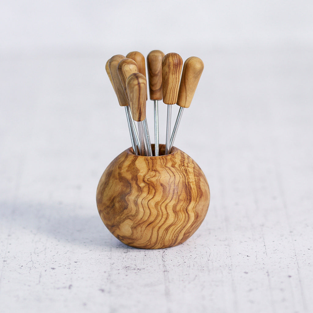 Appetizer Fork Holder Ball with 8 Forks in Olive Wood