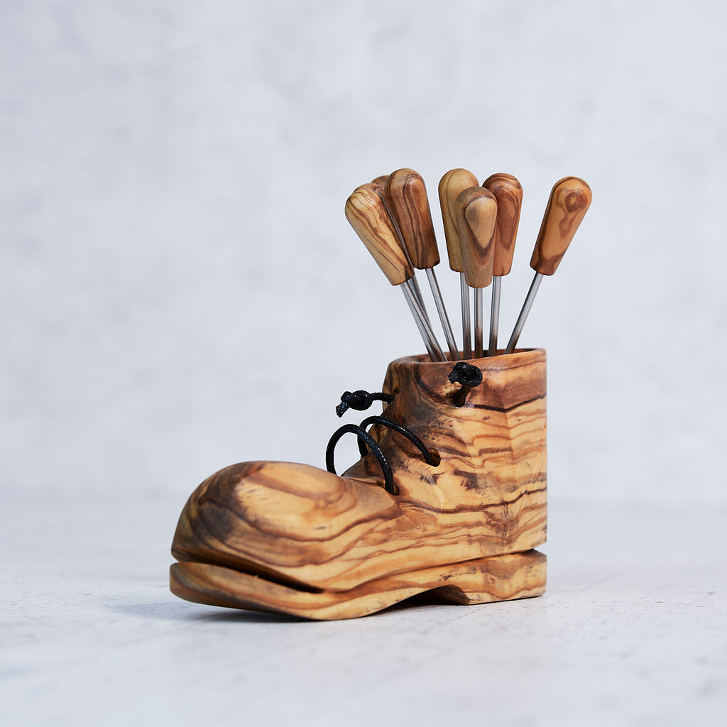 Handcrafted Olive Wood Boot Appetizer Fork Holder