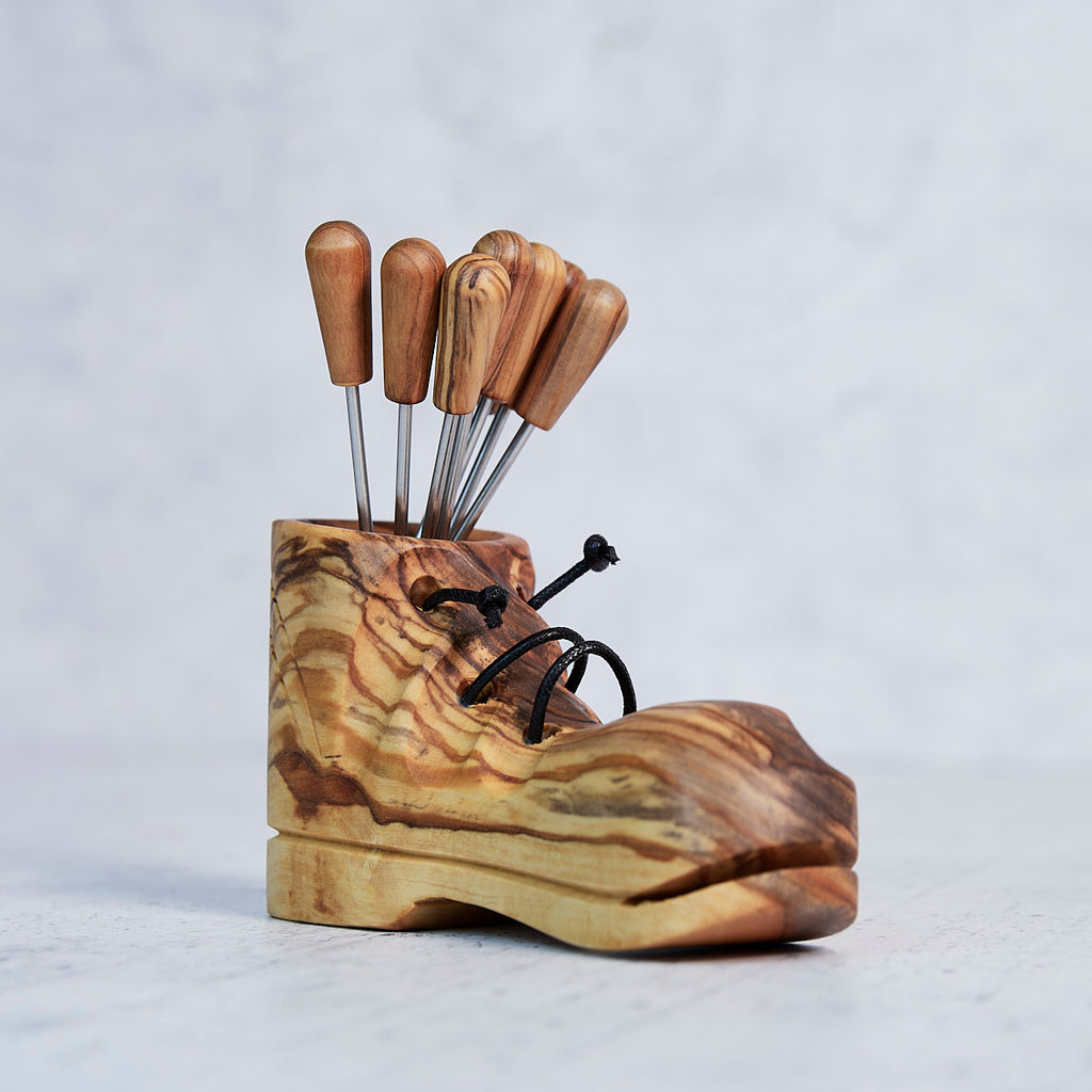 Handcrafted Olive Wood Boot Appetizer Fork Holder