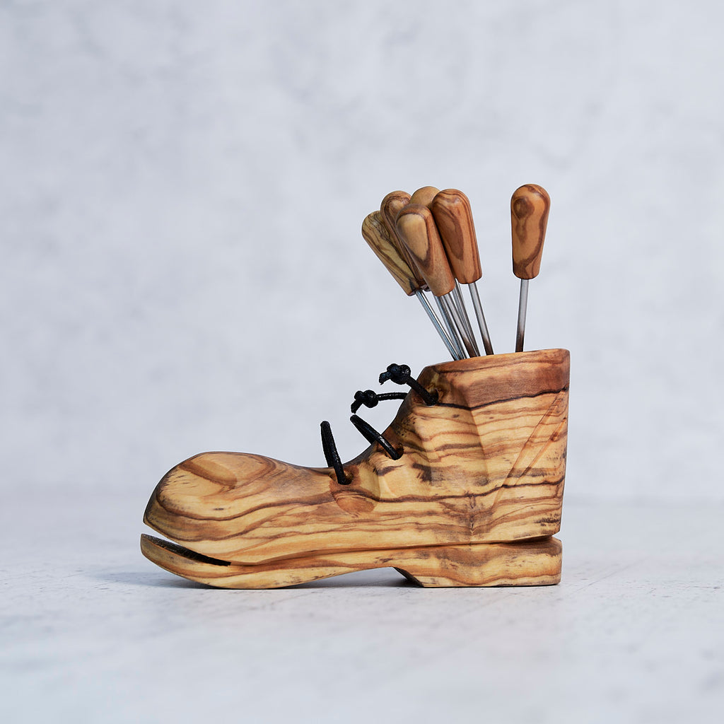 Handcrafted Olive Wood Boot Appetizer Fork Holder