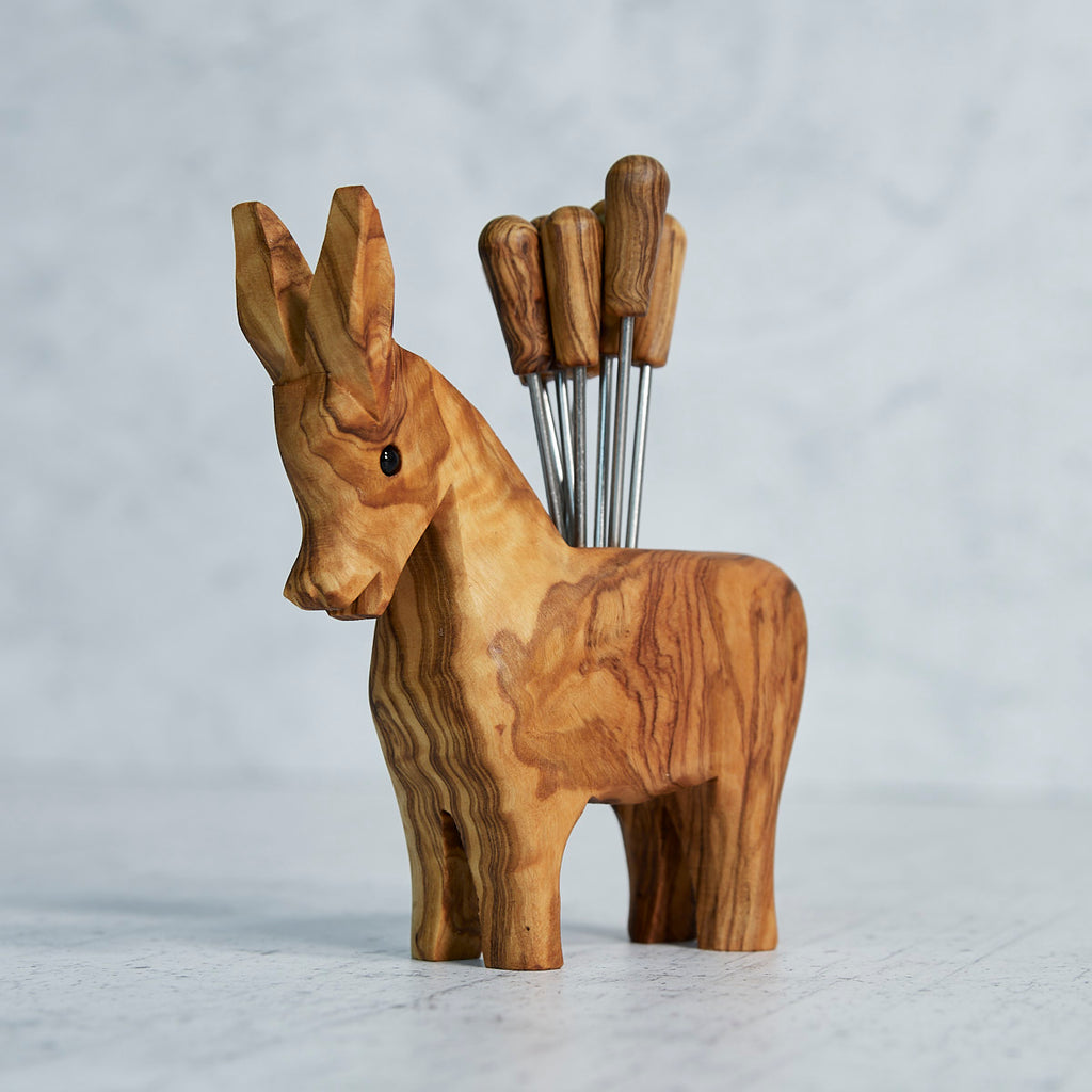 Donkey Olive Wood Appetizer Fork Holder with 8 Forks