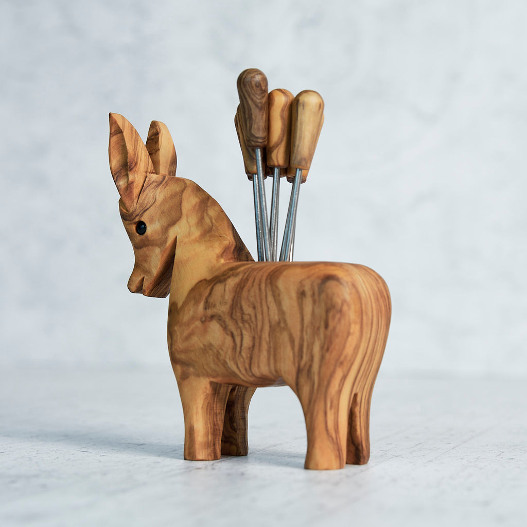 Donkey Olive Wood Appetizer Fork Holder with 8 Forks