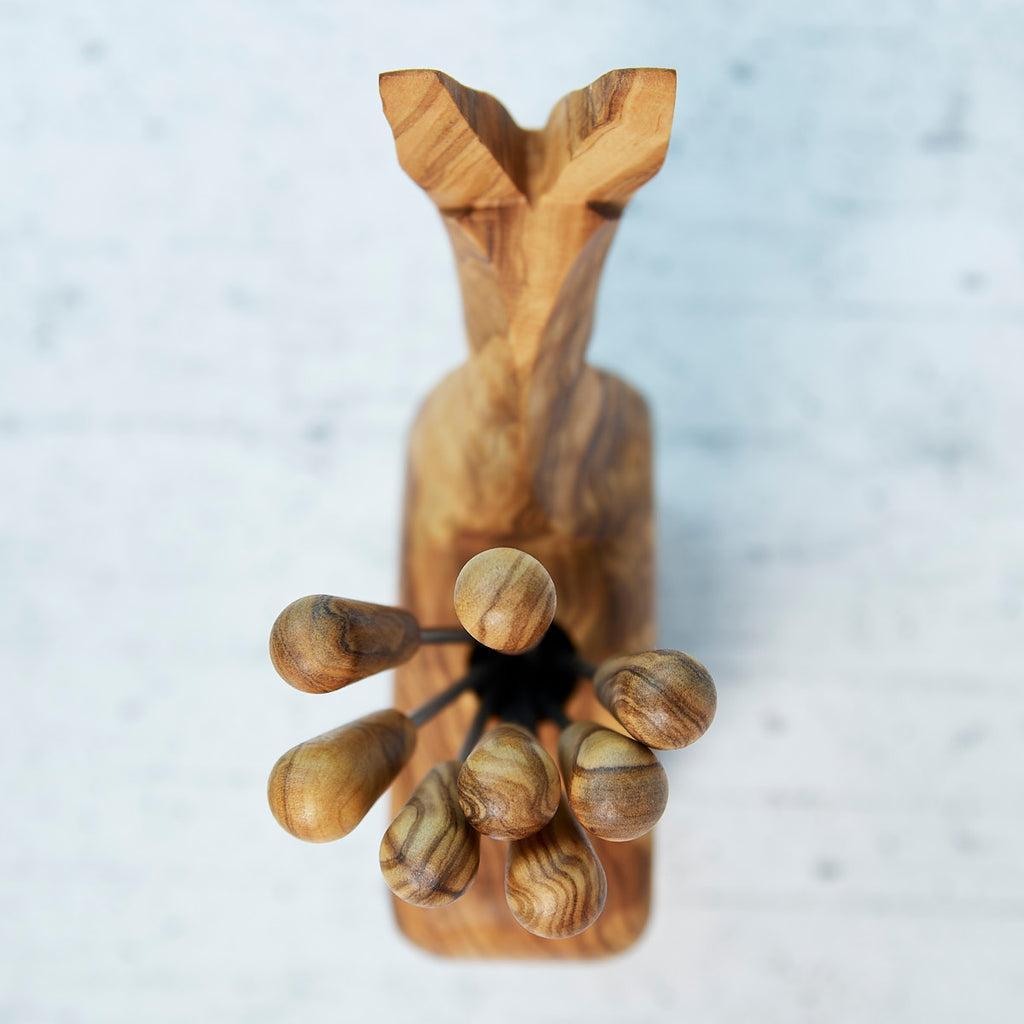 Donkey Olive Wood Appetizer Fork Holder with 8 Forks