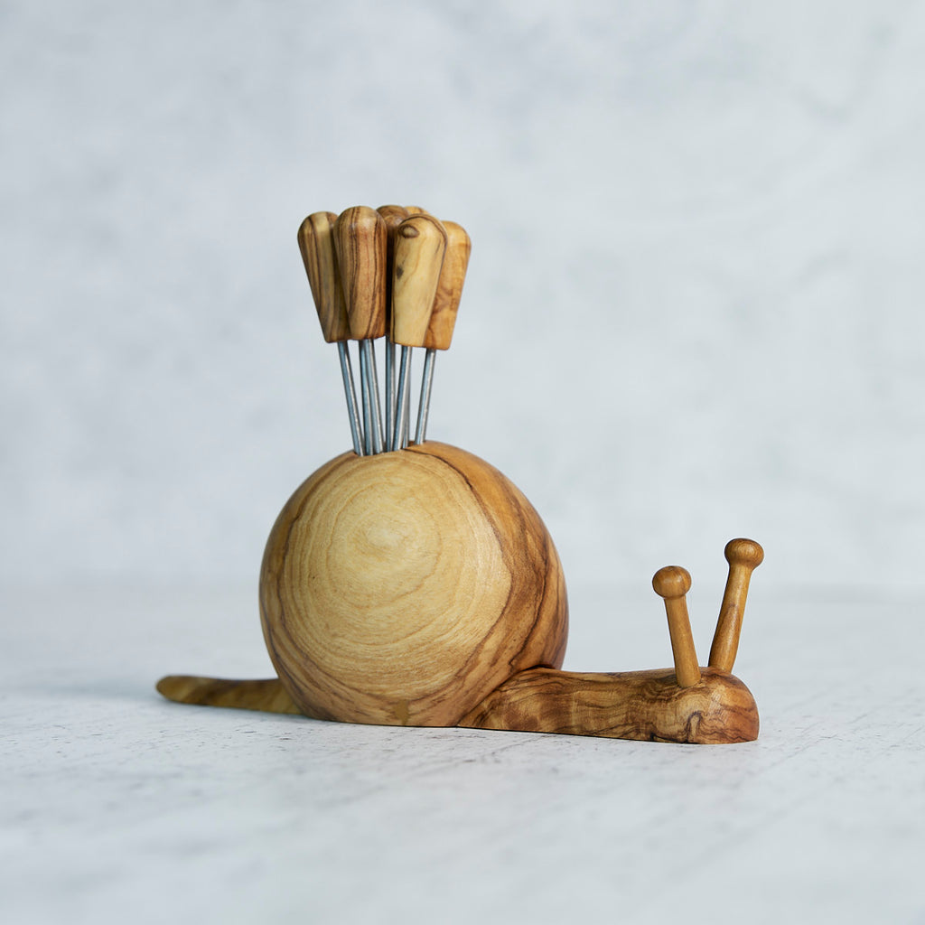 Snail Olive Wood Appetizer Fork Holder with 8 Forks