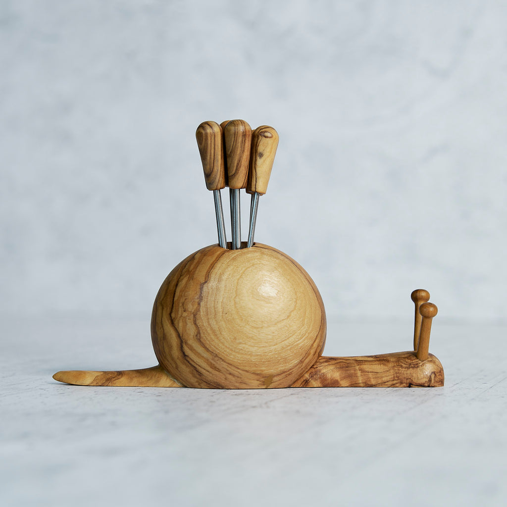 Snail Olive Wood Appetizer Fork Holder with 8 Forks