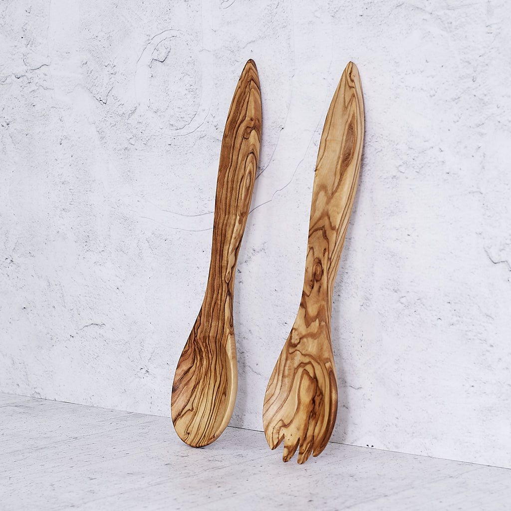 Pair of large olive wood cutlery