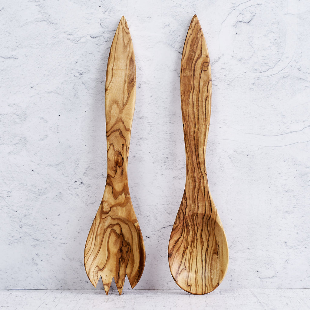 Pair of large olive wood cutlery