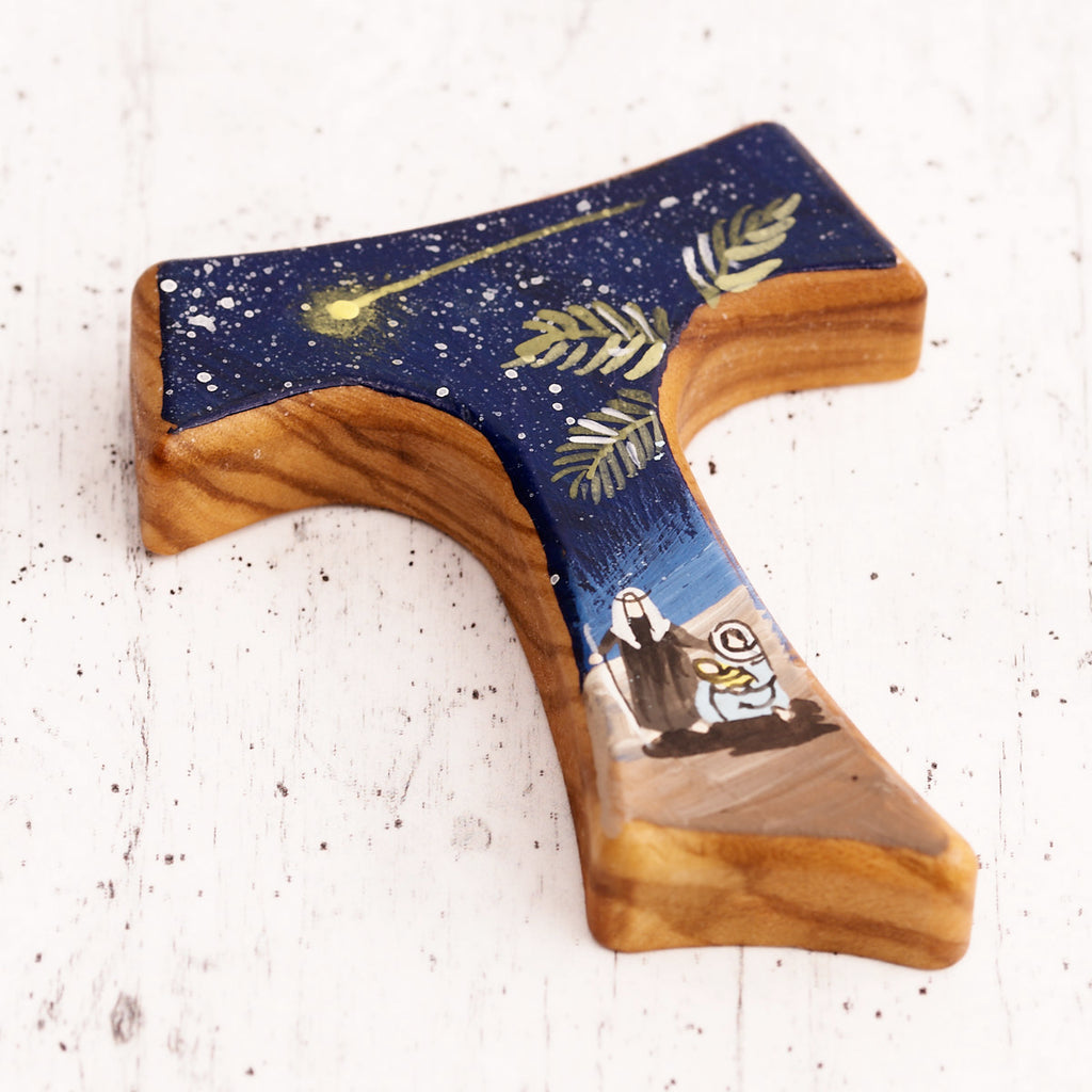 Hand-painted Tau nativity on olive wood