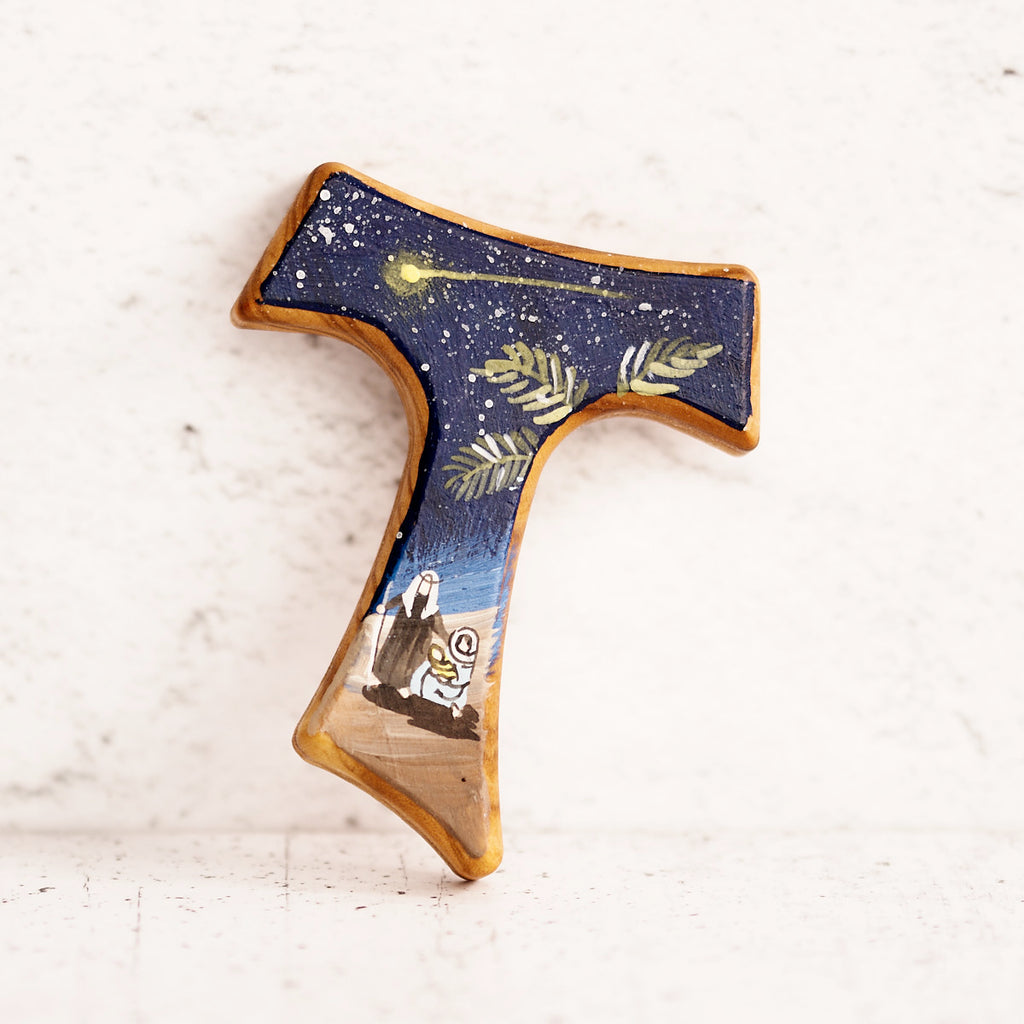 Hand-painted Tau nativity on olive wood