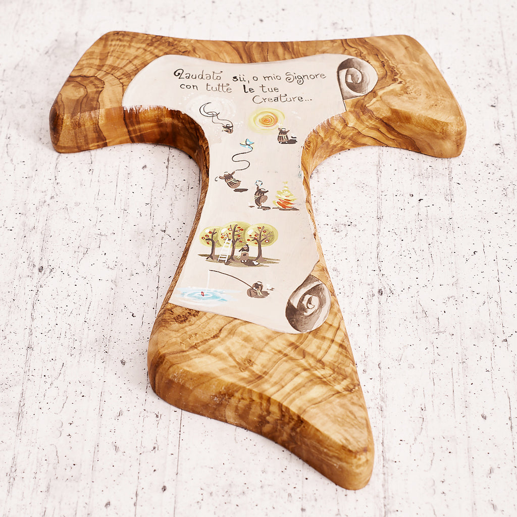 Tau of the Canticle of the Creatures hand-painted on olive wood