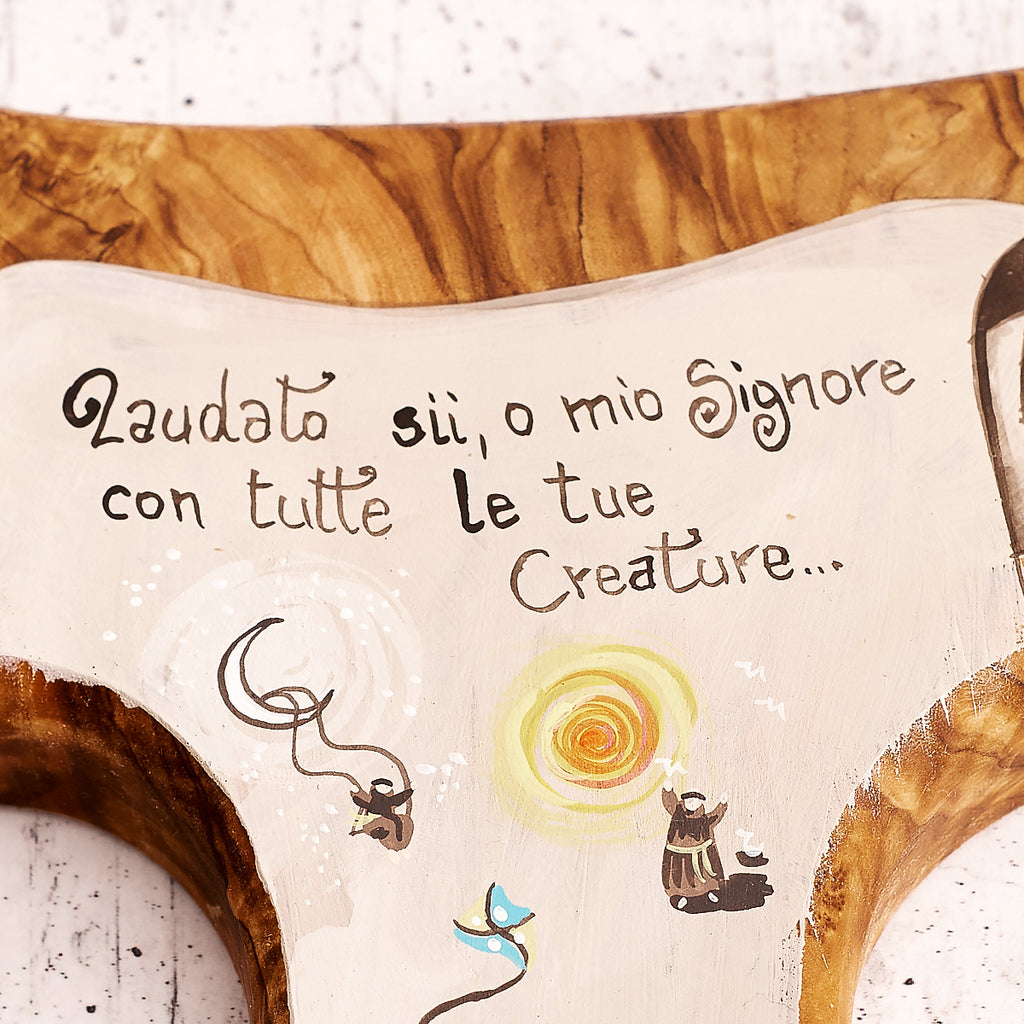 Tau of the Canticle of the Creatures hand-painted on olive wood